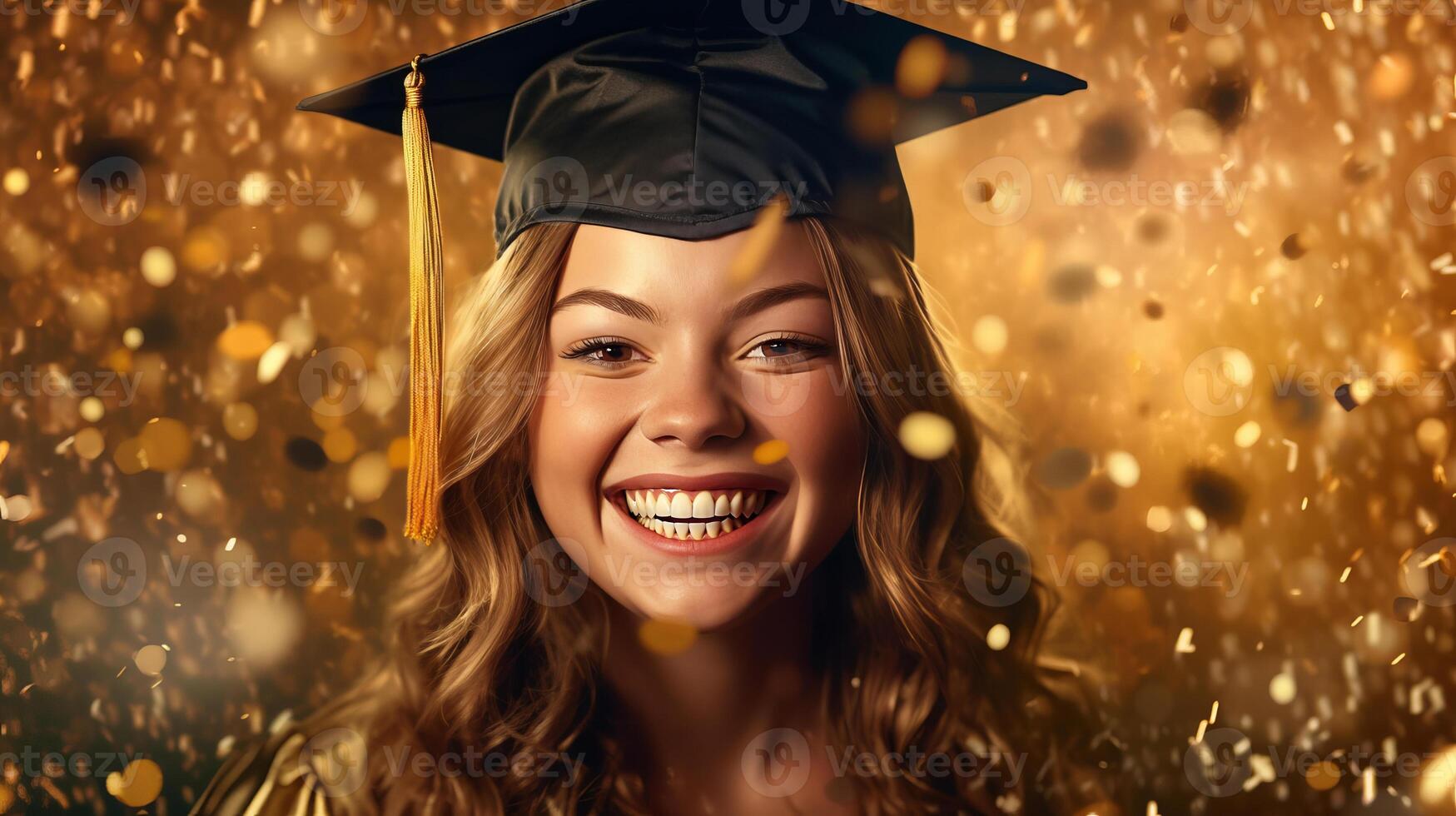 ai gerado feliz jovem mulher vestindo graduação boné e vestido, sorridente jovem menina feixes com felicidade foto