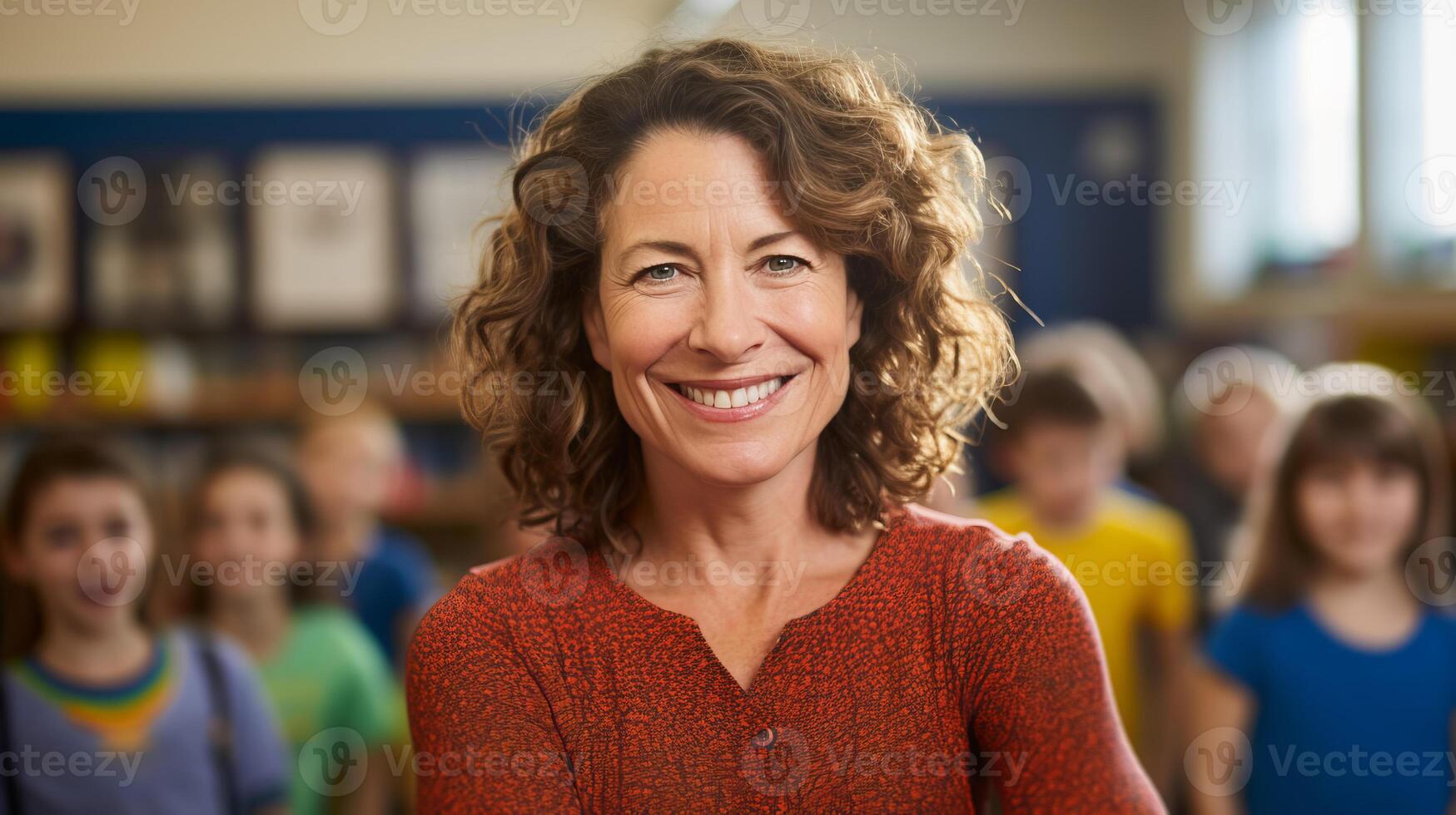 ai gerado retrato do meio envelhecido fêmea professor sorrisos com braços cruzado dentro Sala de aula cheio do crianças foto