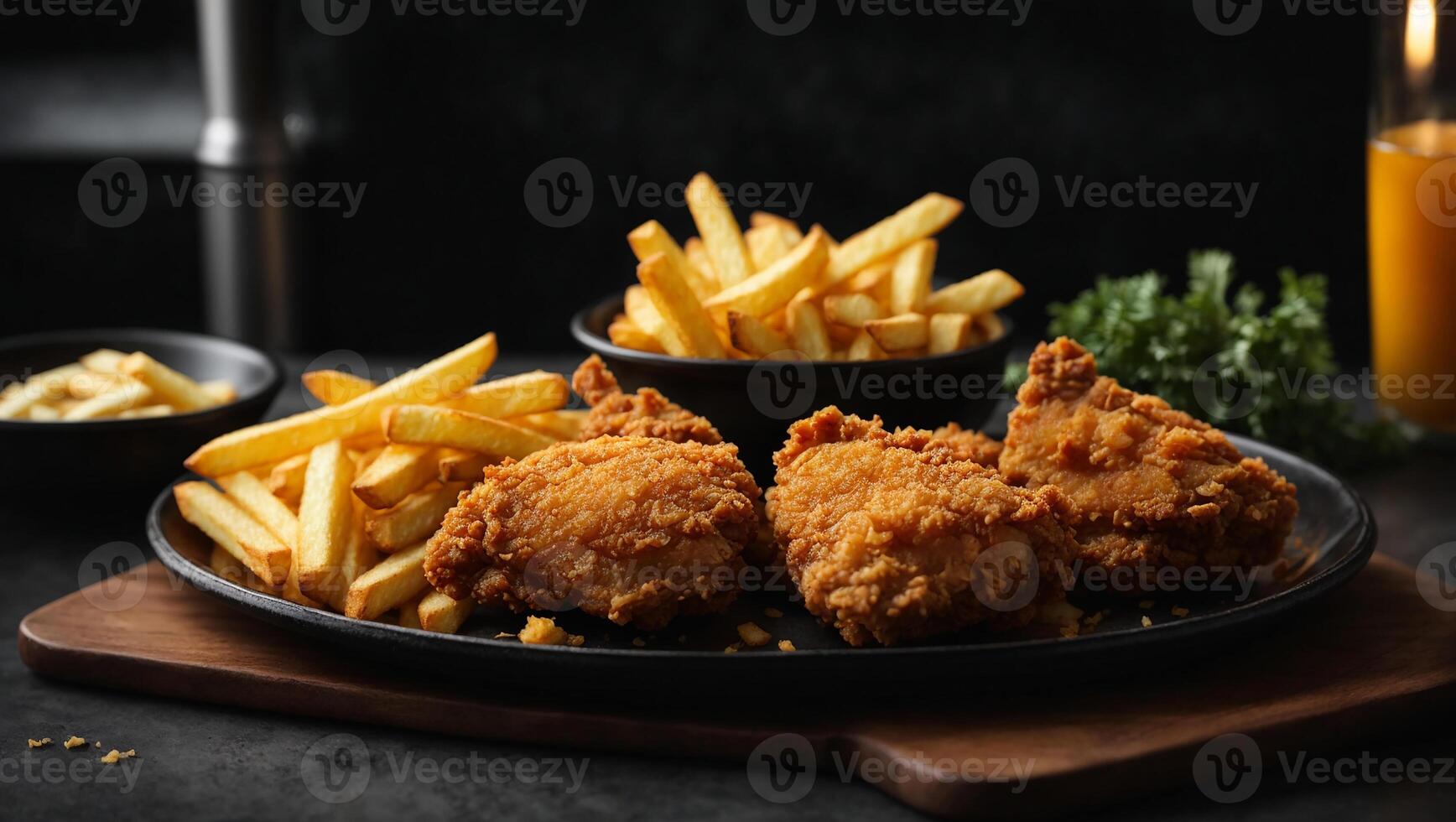 ai gerado frito frango e francês fritas dentro Preto prato foto