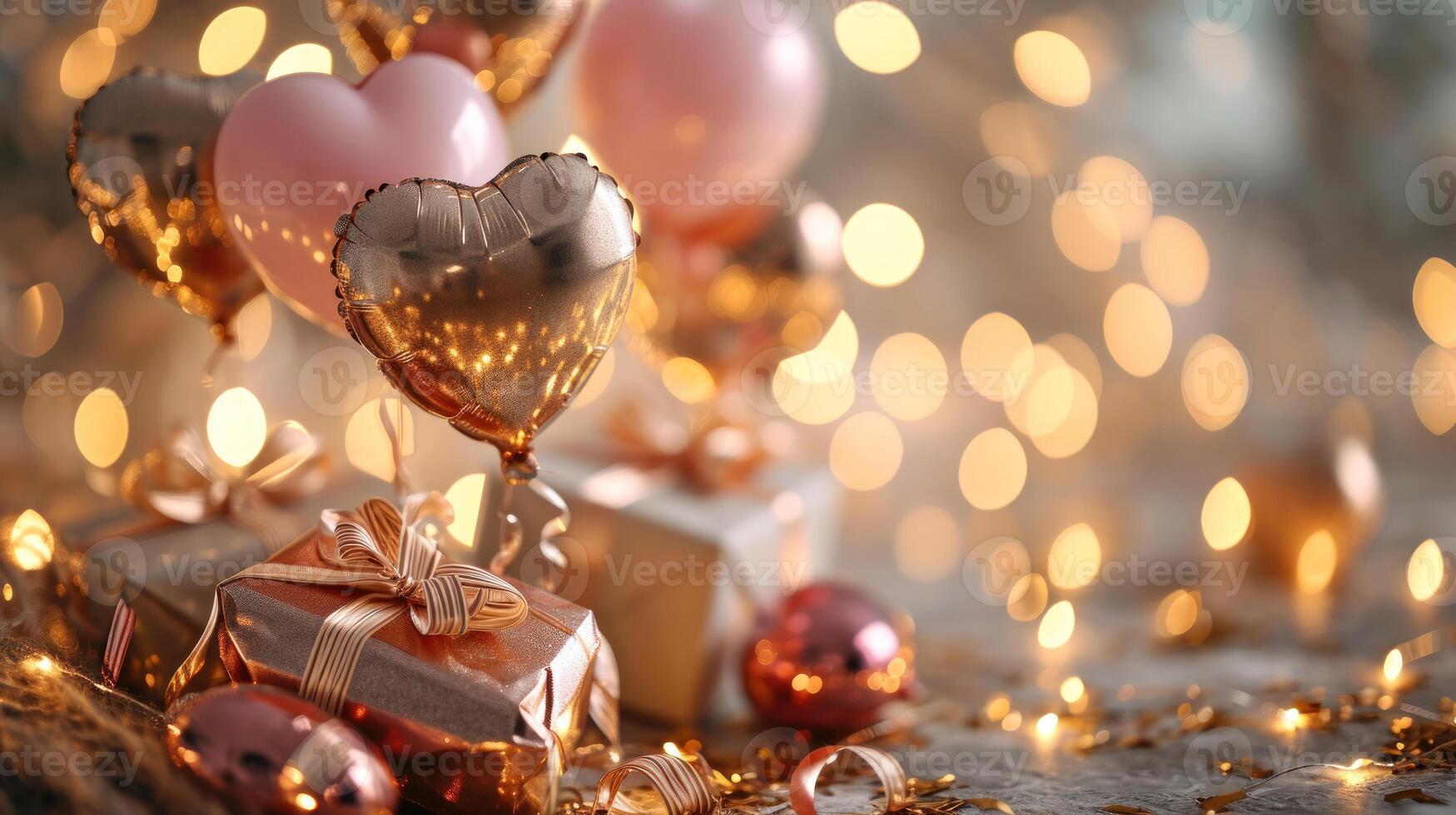 ai gerado festivo elegância dourado celebração com em forma de coração balões e presentes foto