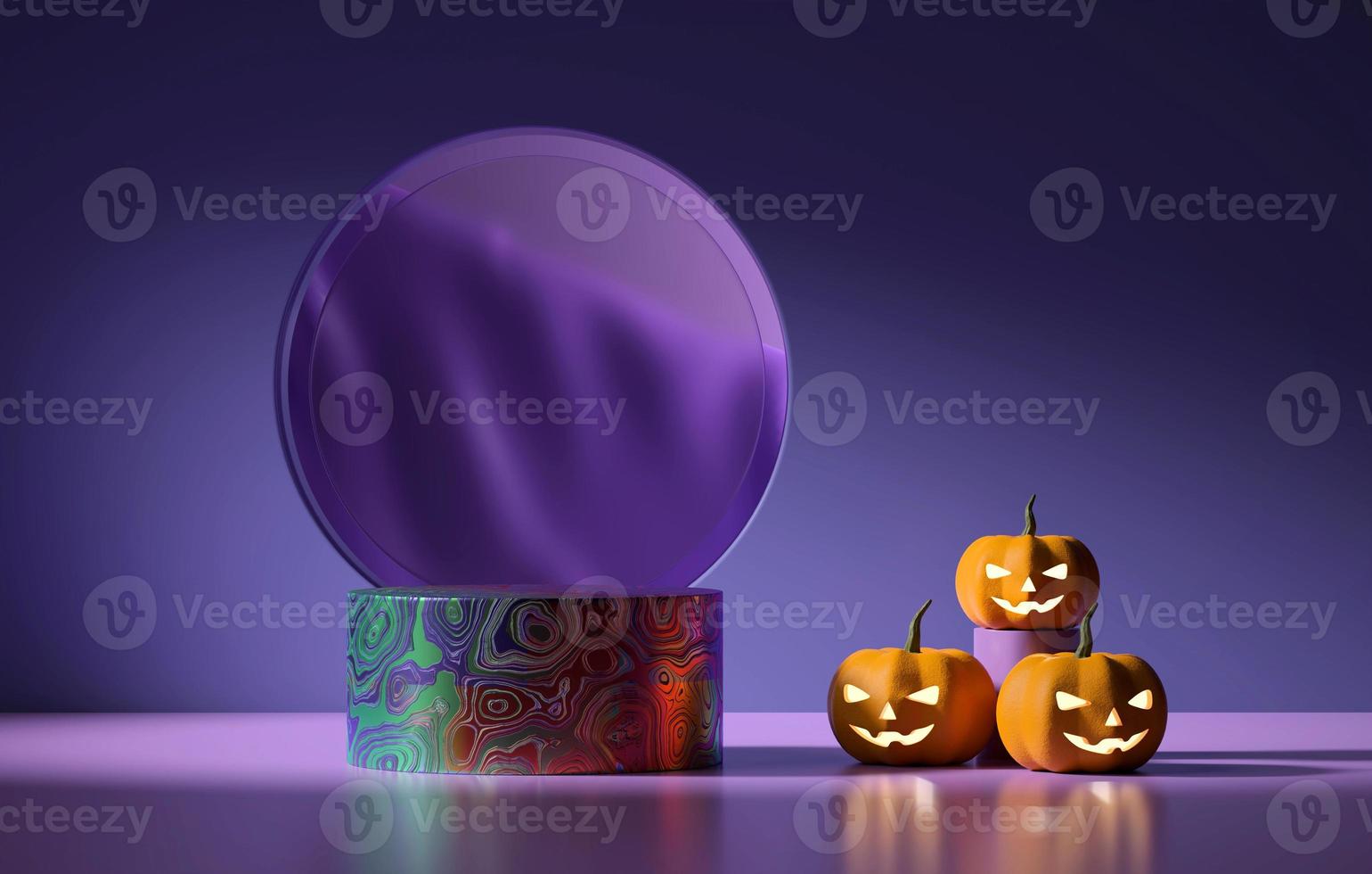 lanterna de abóbora de halloween e renderização em 3d do pódio de exibição de produtos foto