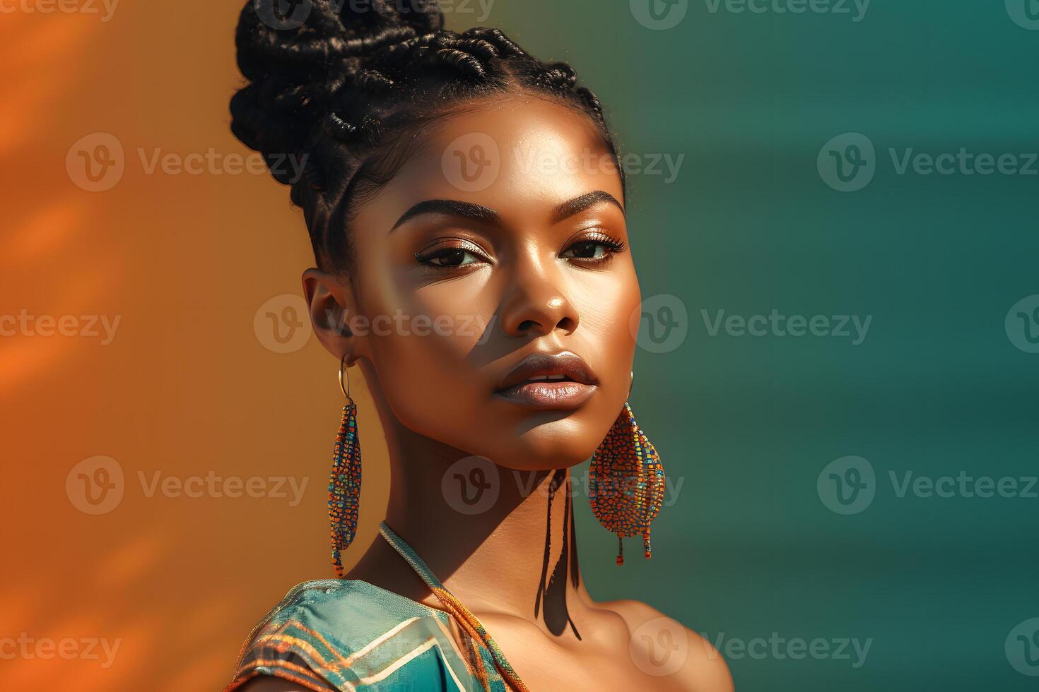 ai gerado lindo jovem adulto africano americano mulher com colorida cabeça cachecol em embaçado laranja-verde fundo. neural rede gerado fotorrealista imagem foto