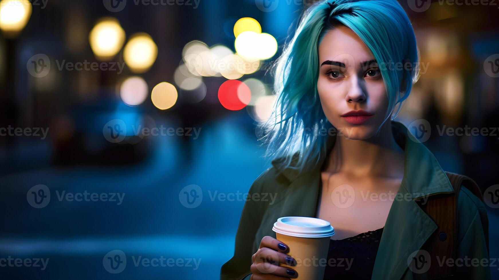 ai gerado jovem lindo de cabelo azul femine mulher às noite cidade rua segurando cartão copo do café, neural rede gerado cenário foto