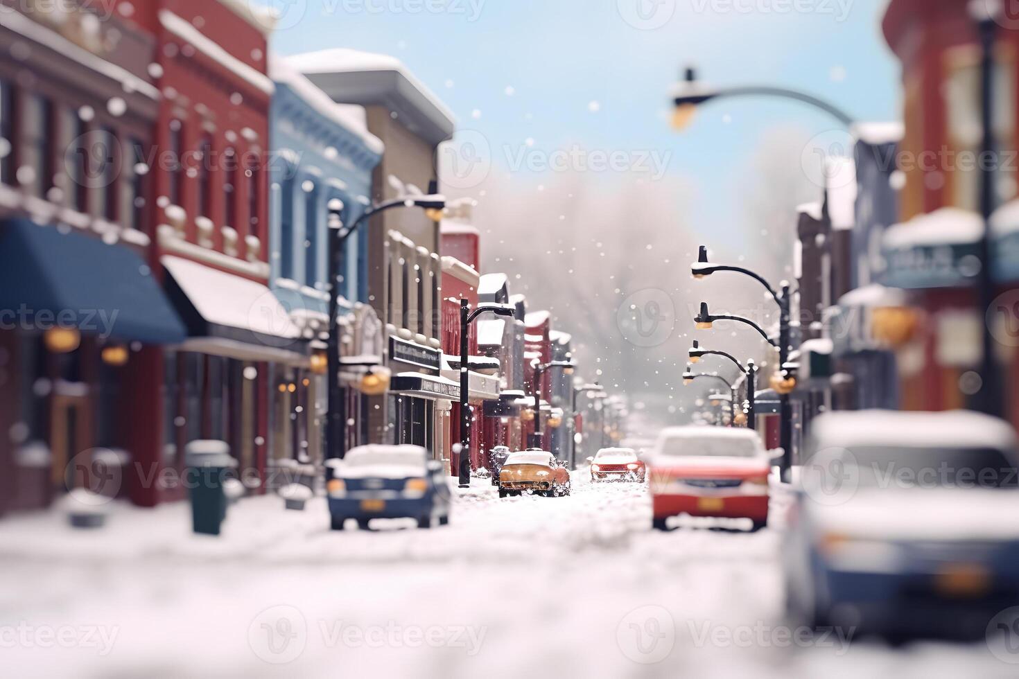 ai gerado americano brinquedo Cidade rua Visão às Nevado inverno dia, neural rede gerado imagem foto