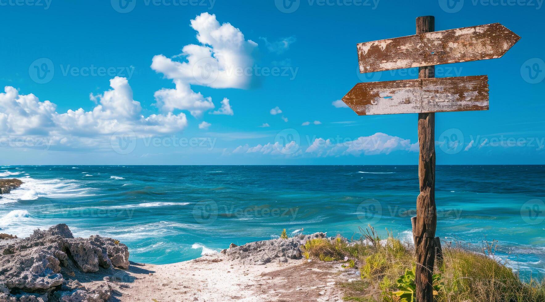 ai gerado placa apontando para a direção do período de férias destino com cênico de praia e oceano foto