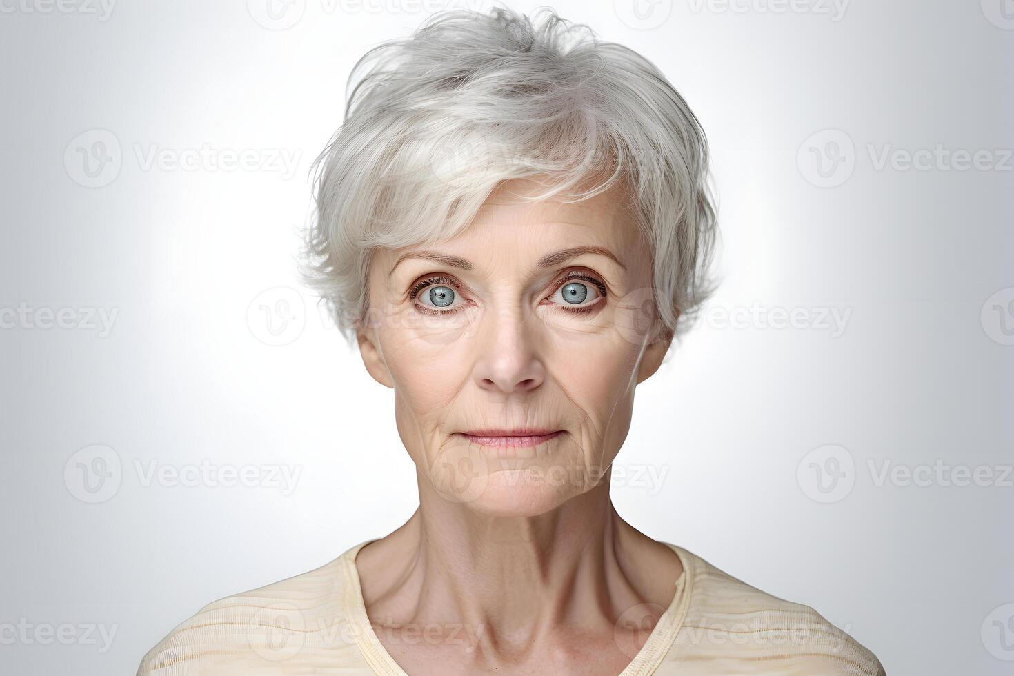 ai gerado Senior caucasiano mulher retrato em branco fundo. neural rede gerado fotorrealista imagem foto