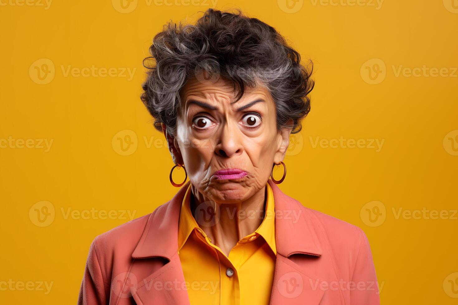ai gerado carranca Senior latim americano mulher, cabeça e ombros retrato em amarelo fundo. neural rede gerado fotorrealista imagem foto