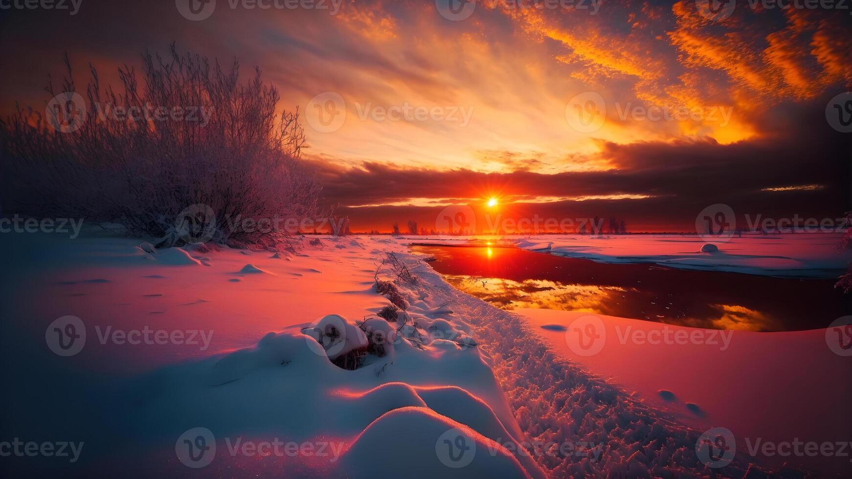 ai gerado inverno pôr do sol panorama com vívido cores neve, árvores e longe montanhas, neural rede gerado arte foto