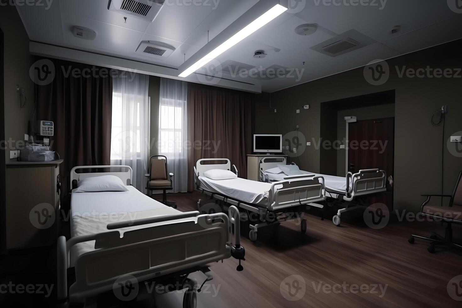 ai gerado recuperação quarto dentro hospital com confortável camas e médico equipamento, neural rede gerado fotorrealista imagem foto