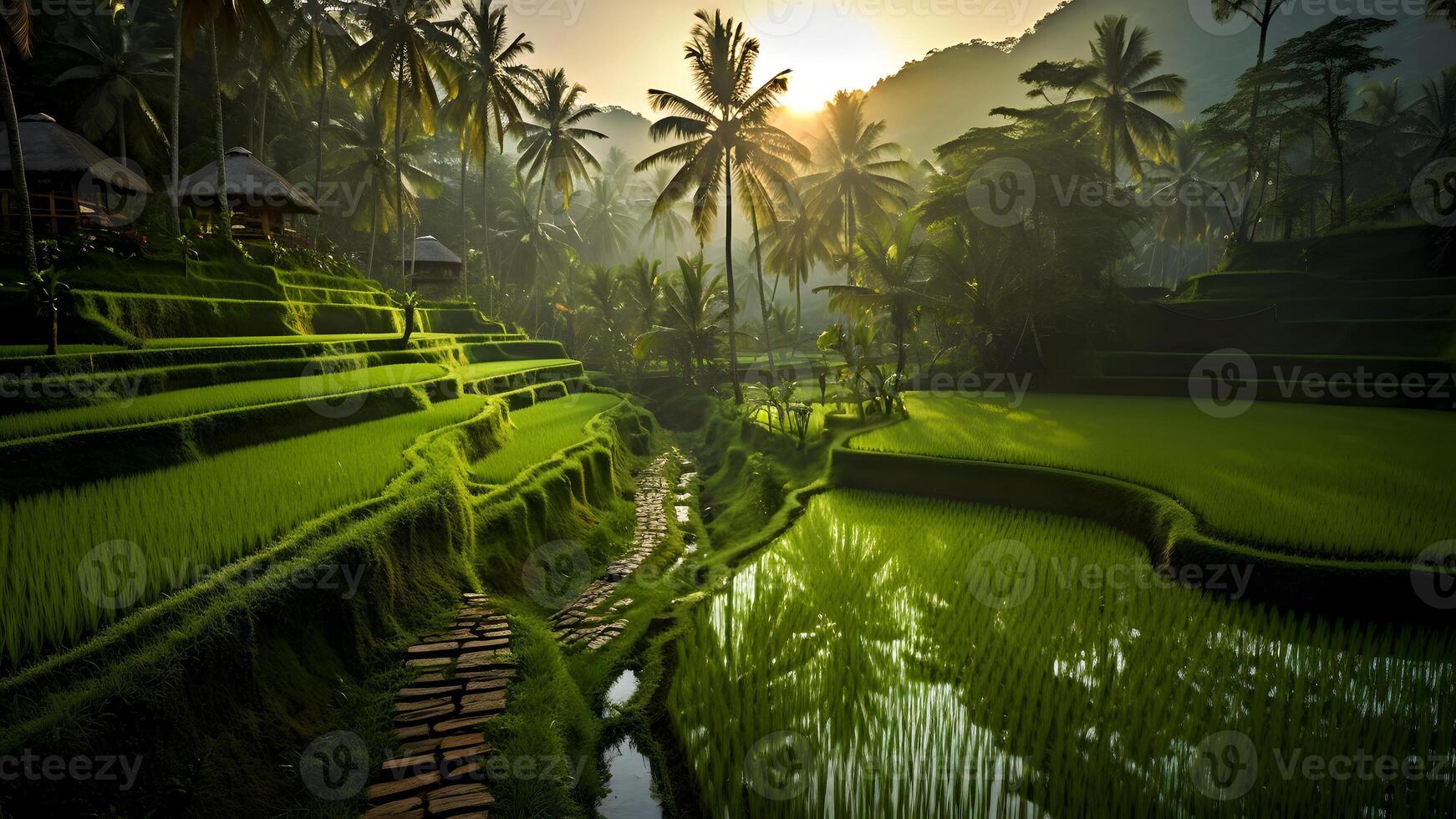 ai gerado Campos de arroz com intenso luz verde cor dentro a nascer do sol, neural rede gerado fotorrealista imagem foto