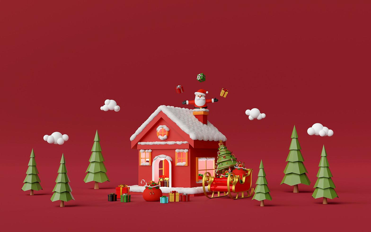 Feliz Natal e Feliz Ano Novo, casa vermelha na floresta de pinheiros com o Papai Noel na chaminé, renderização em 3D foto