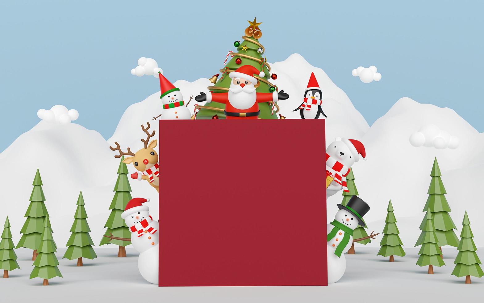 Feliz Natal e Feliz Ano Novo, Papai Noel e um amigo na montanha de neve com espaço em branco, renderização em 3D foto