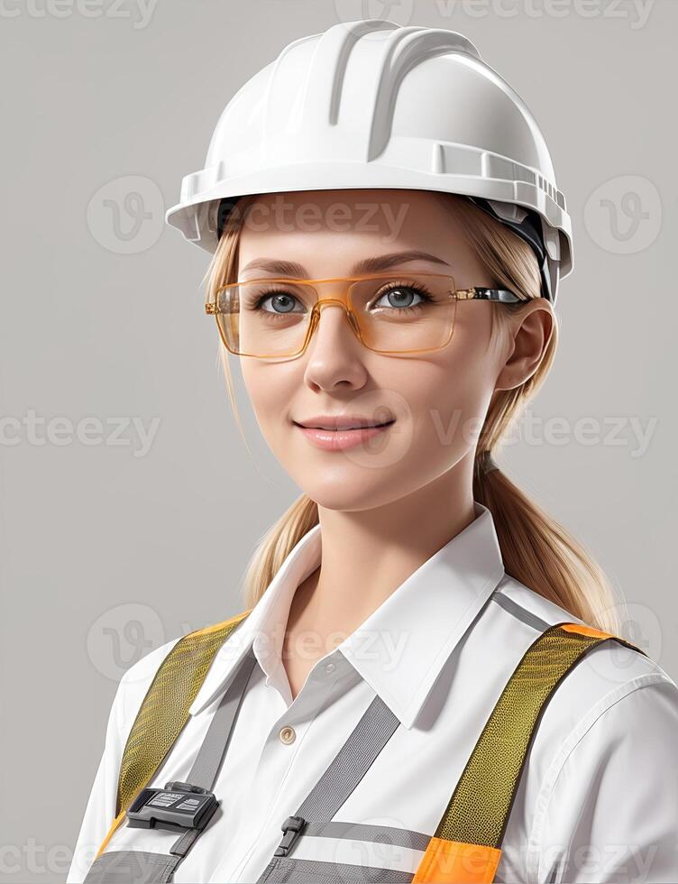 ai generativo, , jovem fêmea local engenheiro com uma segurança colete e capacete de segurança foto