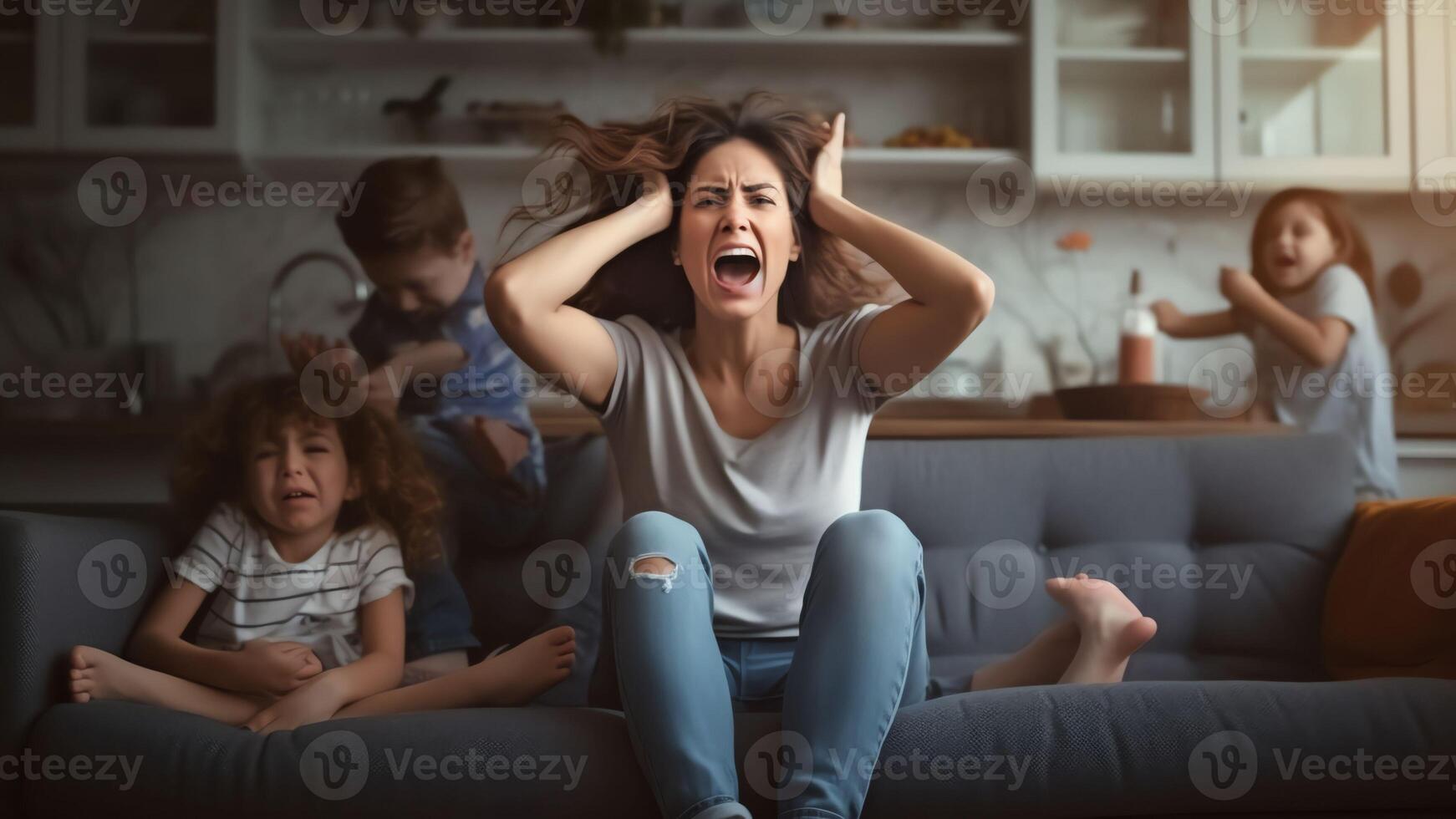 ai generativo Exausta jovem mãe sentar em sofá dentro cozinha sentir indisposto cansado a partir de malcomportado alto pequeno crianças corrida jogando doente irritado mãe ou babá relaxar em sofá Sofra a partir de dor de cabeça pais foto