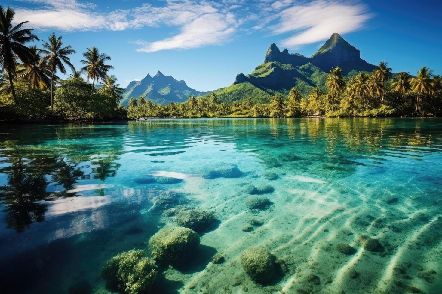 lindo marinha com Palma árvores e montanhas dentro a fundo, uma pacífico e tranquilo lagoa dentro bora bora, francês Polinésia, ai gerado foto