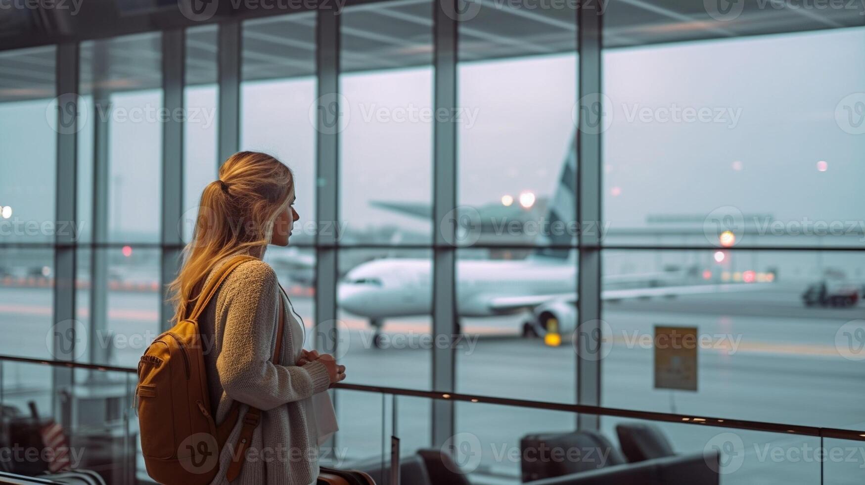 ai generativo aventura viagem jovem mulher olhando Fora janela e apontando às a avião enquanto esperar embarque às a aeroporto foto