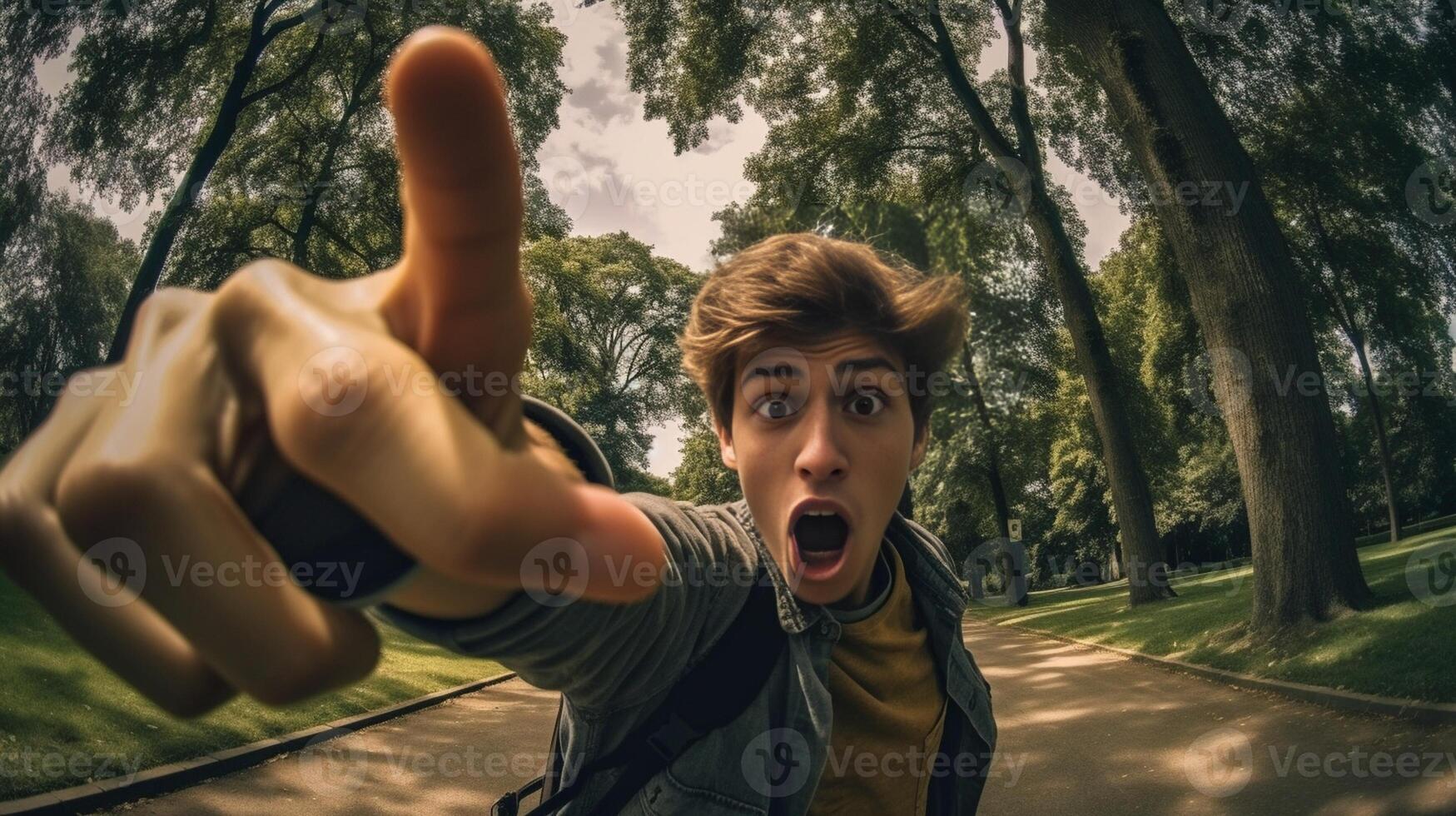 ai generativo atraente caucasiano aluna levar uma selfie às a parque usando dele Smartphone foto
