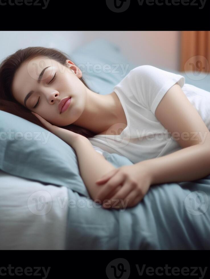 ai generativo atraente caucasiano menina dormindo em a cama foto