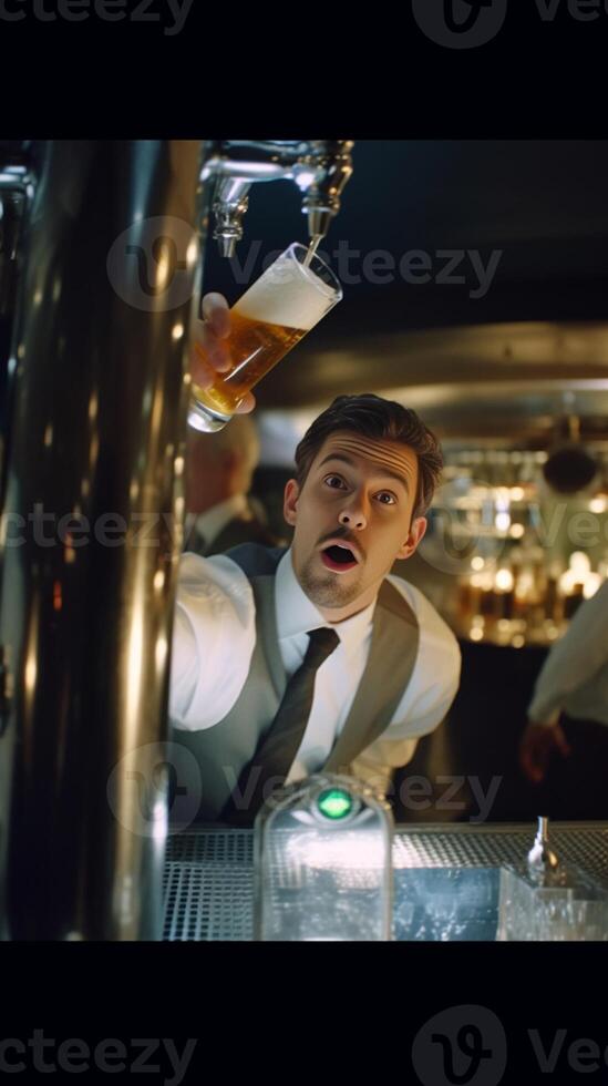 ai generativo barman derramando álcool a partir de a garrafa dentro uma tiro óculos foto