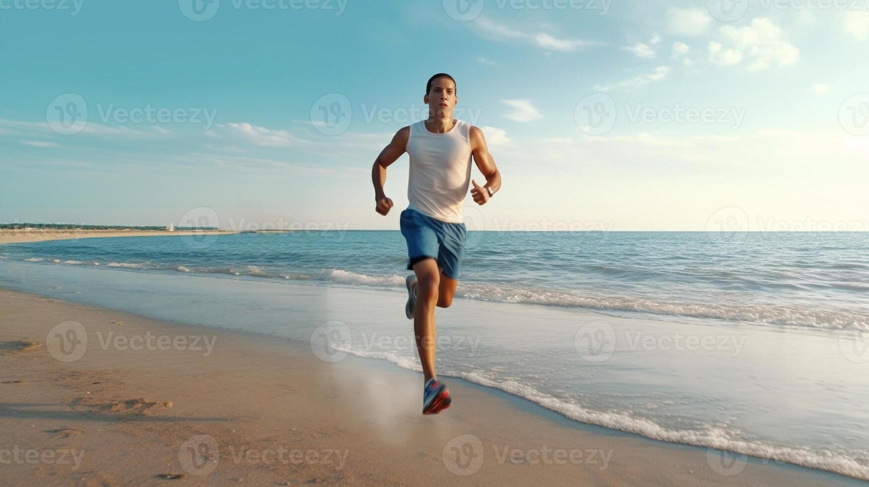 ai generativo Preto atleta corrida homem masculino corredor às a de praia ouvindo para música em Smartphone corredor Treinamento com inteligente telefone braçadeira foto