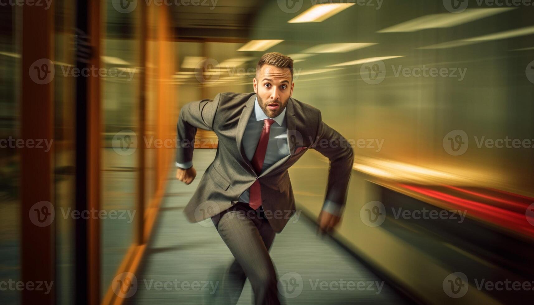 ai generativo Preto atrasado homem de negocios é corrida chegando Fora a partir de a girando porta foto