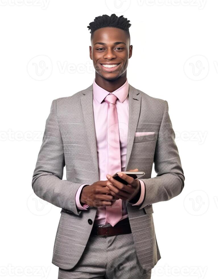ai generativo Preto jovem atraente homem de negocios levando uma selfie foto