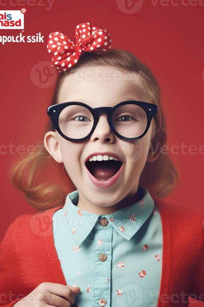 ai generativo caucasiano menina tendo Diversão segurando uma falsificações bigode e Óculos foto