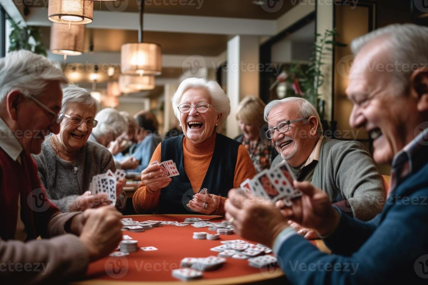 ai generativo alegre grupo do idosos tendo Diversão jogando cartão jogos às Barra mesa velho pessoas desfrutando livre Tempo juntos ativo aposentadoria conceito foto