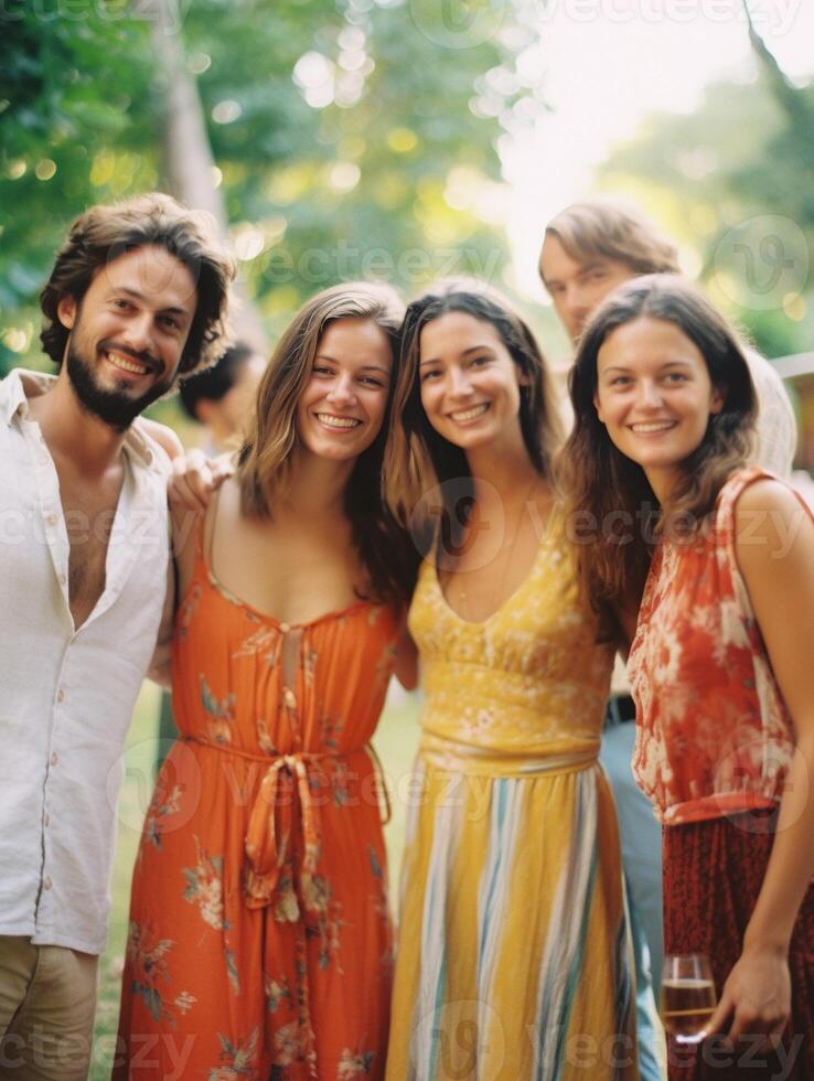 ai generativo grupo amigos tendo Diversão bebendo coquetéis sentado dentro villa quintal feliz jovem hispânico mulher sorridente às a Câmera às jardim festa com amigos verão estilo de vida e Comida concentrado foto