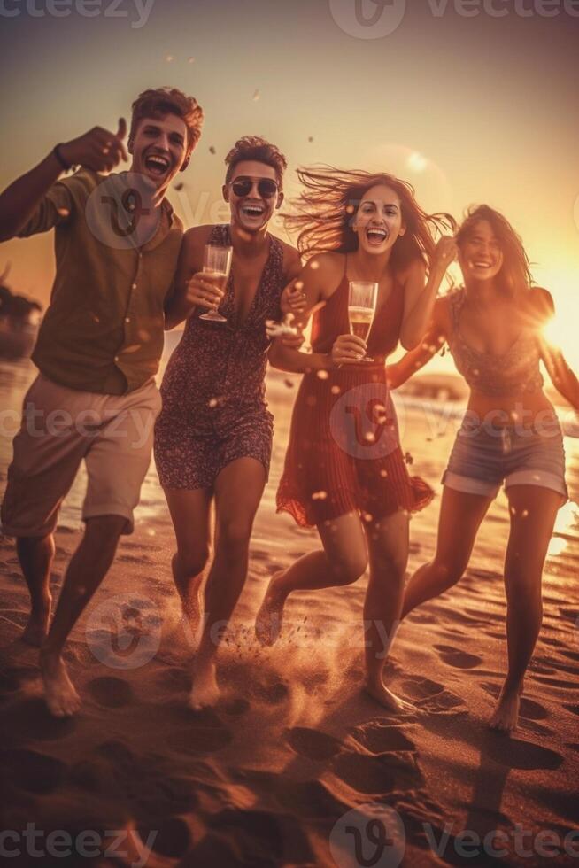 ai generativo grupo do dançando pessoas tendo Diversão às uma de praia festa dentro a verão jovem pessoas desfrutando vida foto