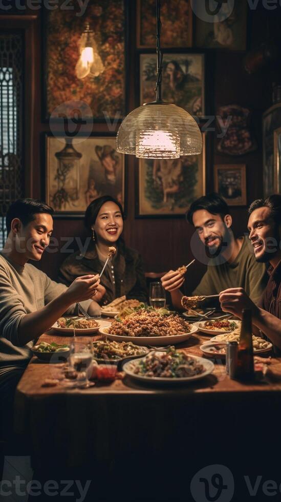 ai generativo grupo do amigos tendo uma massa jantar festa às restaurante feliz jovem pessoas comendo italiano tradicional Comida juntos Comida e bebida estilo de vida conceito foto