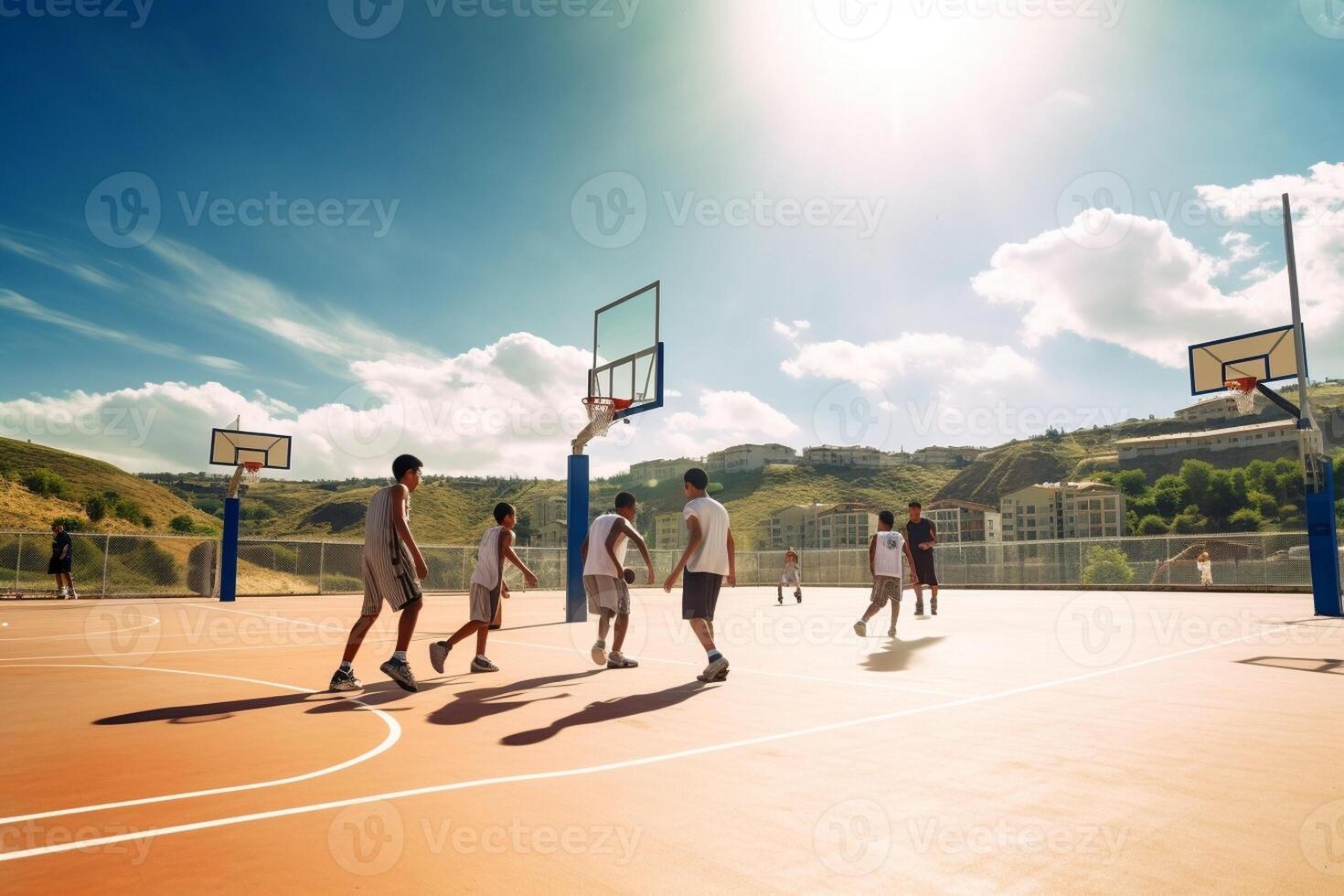 ai generativo grupo do amigos jogando basquetebol grupo do esportivo multirracial pessoas jogando junto durante a horário de verão conceito sobre pessoas estilo de vida e esporte foto