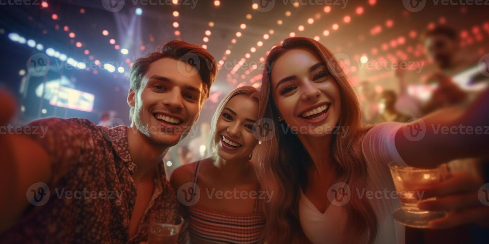 ai generativo grupo do feliz amigos levando uma selfie às coquetel Barra jovem pessoas com face mascarar tendo Diversão às restaurante Barra Novo normal estilo de vida conceito foto