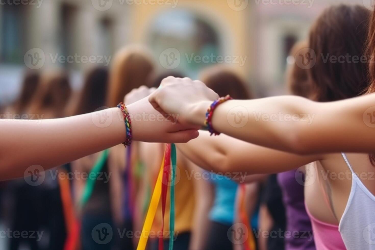 ai generativo grupo do lgbt pessoas segurando mãos lado de fora diverso feliz amigos abraçando ao ar livre gay orgulho conceito com multidão do rapazes e meninas em pé juntos em cidade rua foto