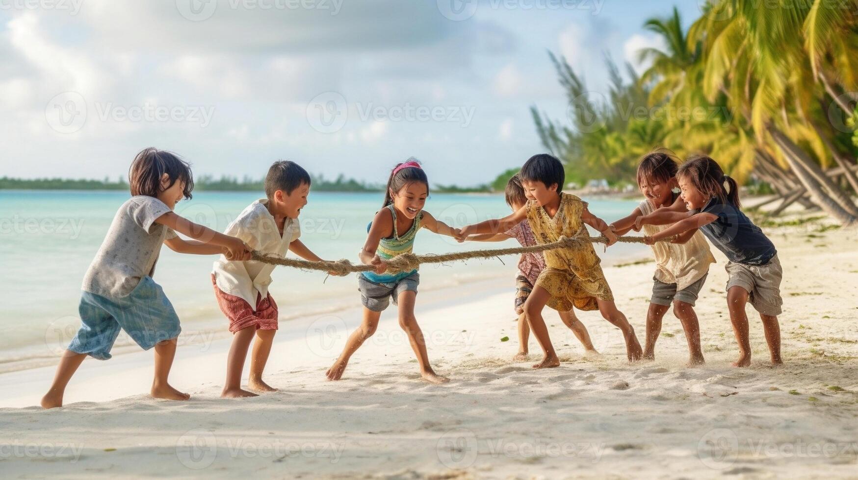 ai generativo grupo do multirracial amigos dançando limbo às de praia foto