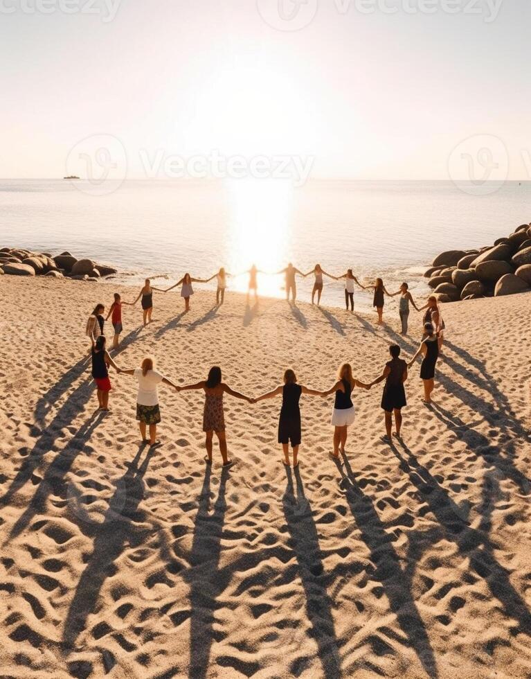 ai generativo grupo do multirracial amigos dançando limbo às de praia foto