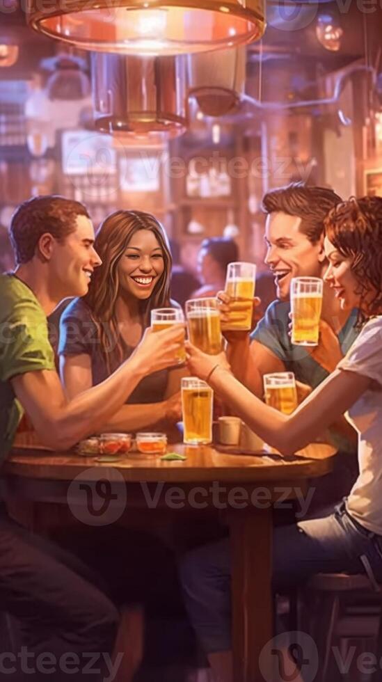 ai generativo grupo do jovem pessoas a comemorar brindar com Cerveja às a bar foto