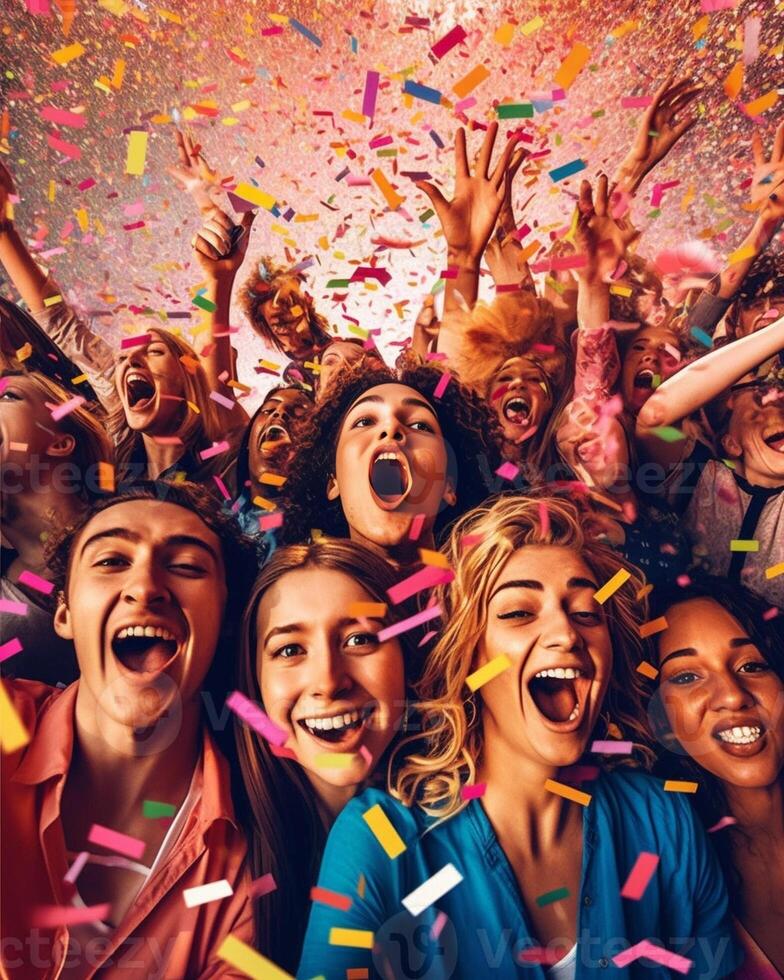 ai generativo grupo do jovem pessoas jogando confete dentro a ar fazer festival festa multirracial amigos tendo Diversão desfrutando verão período de férias juntos juventude cultura com rapazes e meninas rir foto