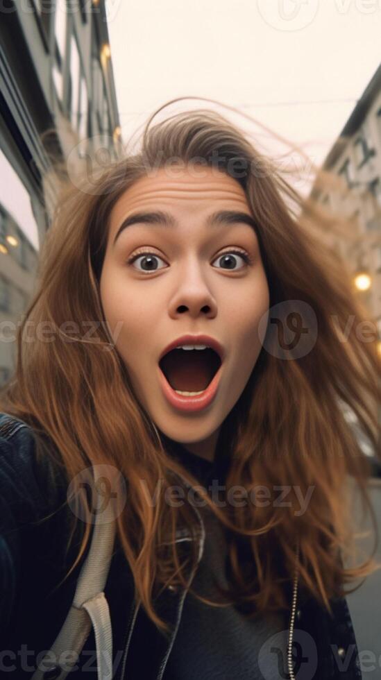 ai generativo feliz bonito menina levando uma selfie dentro a cidade conceito sobre pessoas tecnologia e estilo de vida foto