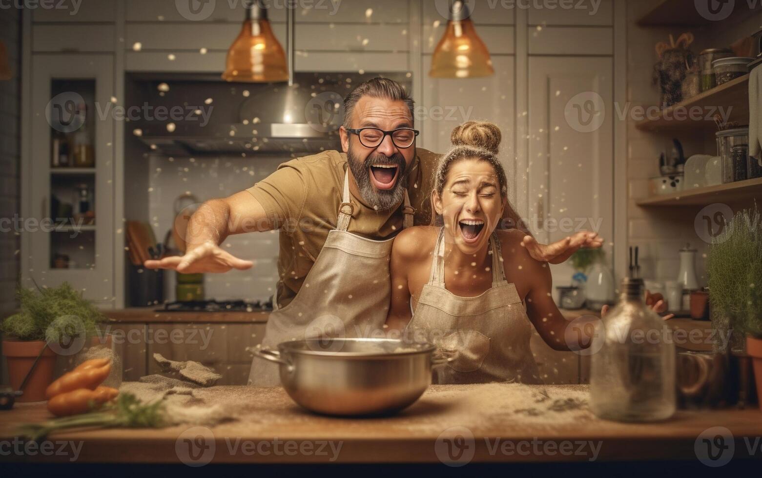 ai generativo feliz casal tendo Diversão cozinhando junto às casa foto
