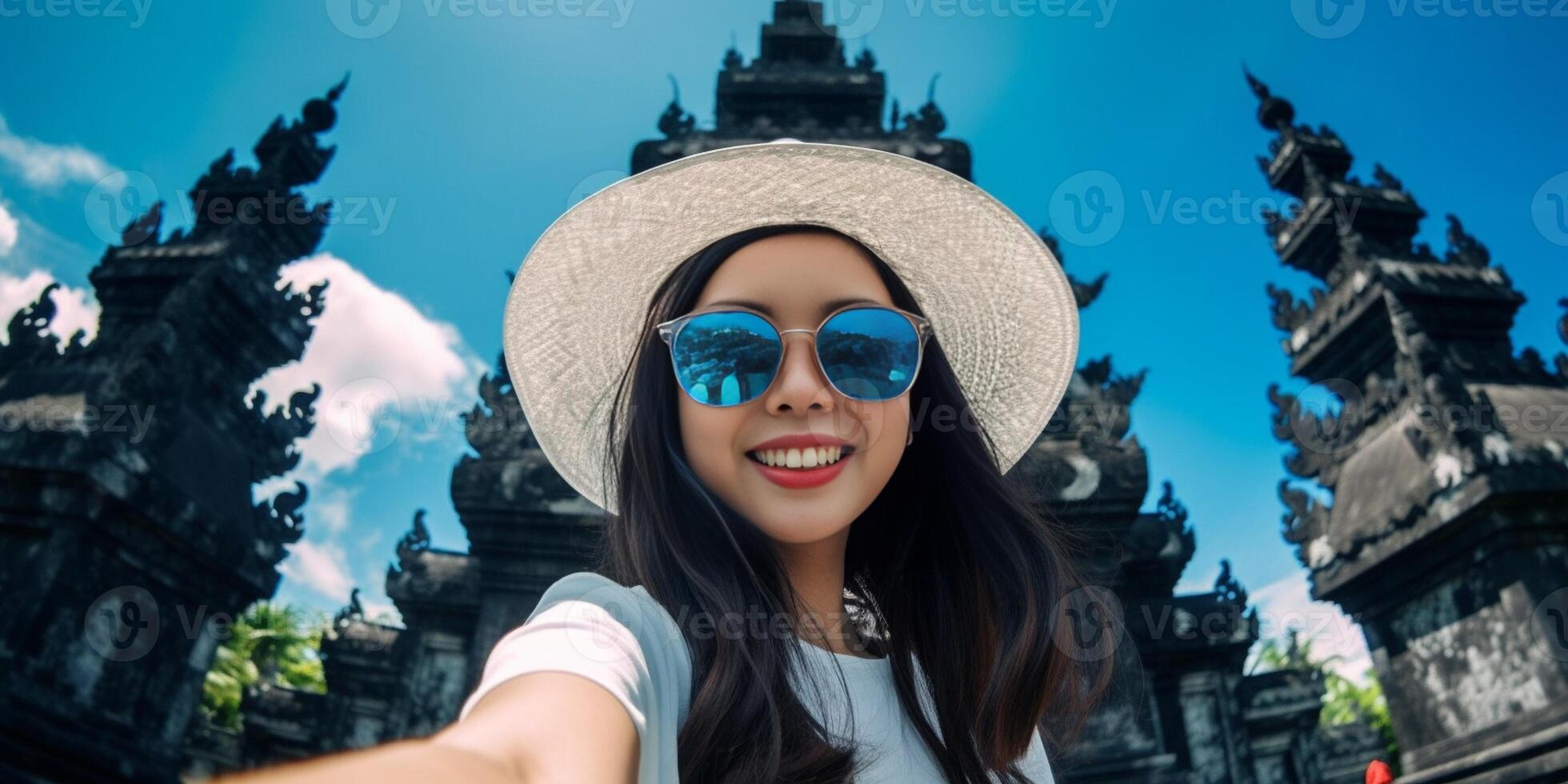 ai generativo feliz fêmea turista levando selfie ao ar livre viagem turismo viagem e período de férias conceito foto