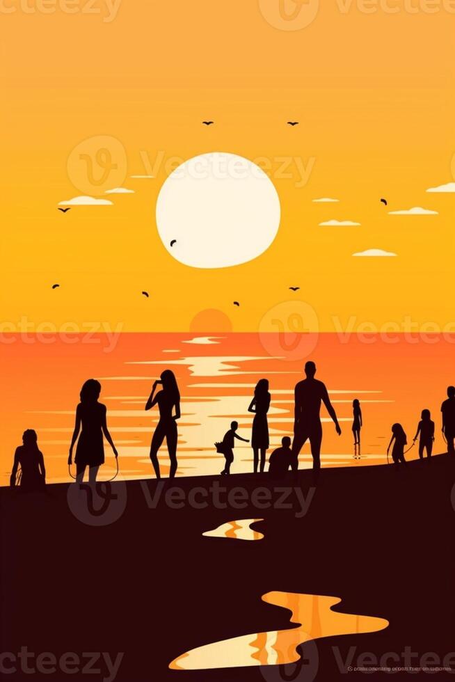 ai generativo feliz amigos tendo Diversão às pôr do sol de praia verão Férias conceito foto