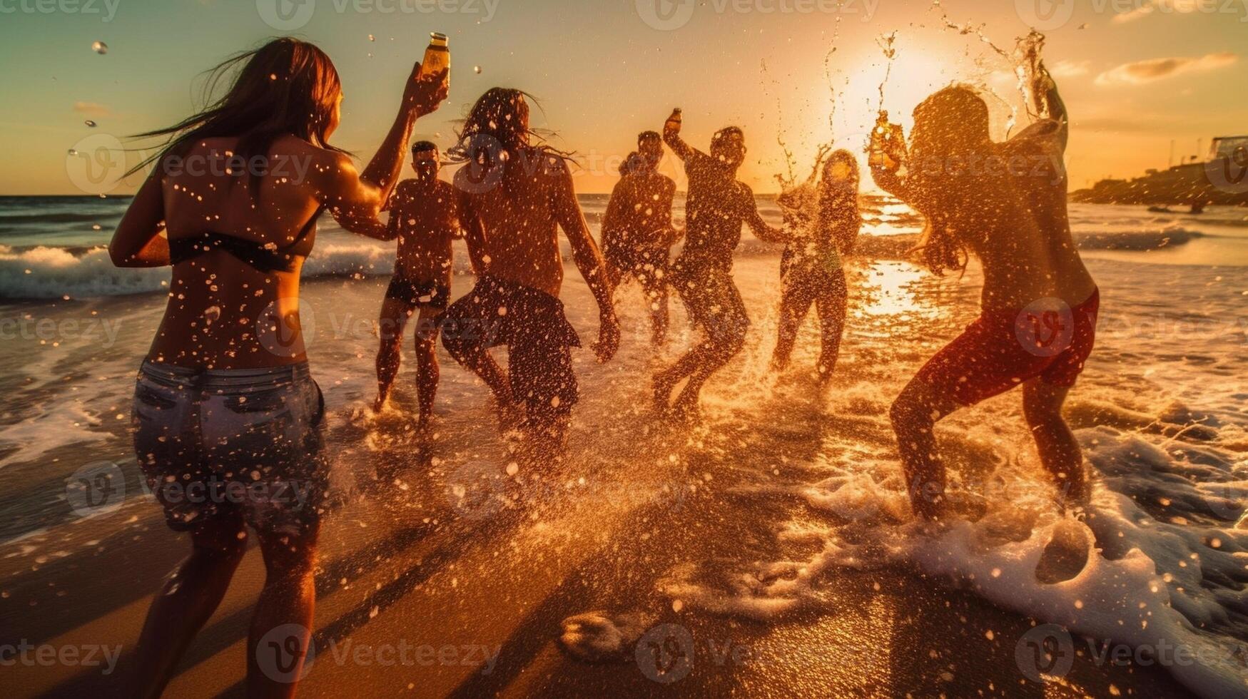 ai generativo feliz amigos espirrando dentro água em tropical de praia às pôr do sol grupo do jovem pessoas tendo Diversão em verão período de férias pessoas feriados e horário de verão conceito foto