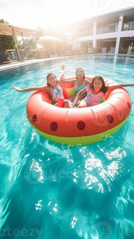 ai generativo feliz grupo do amigos desfrutando natação piscina festa às a recorrer segurando infláveis jovem pessoas exclusivo feriado com braços acima dentro a hotel foto