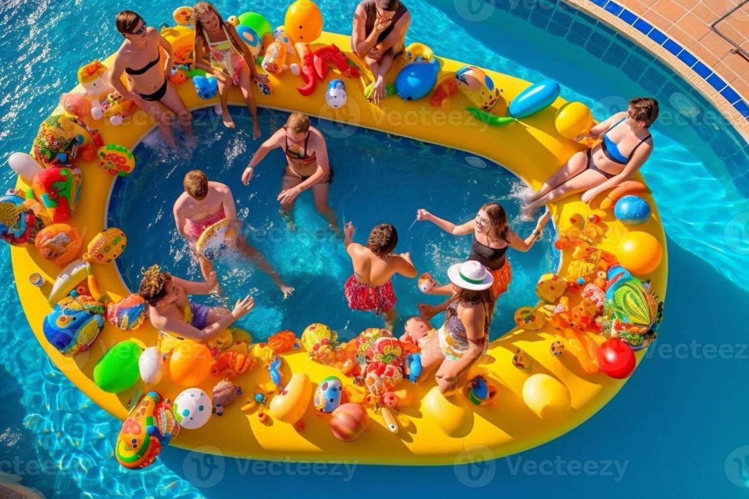 ai generativo feliz grupo do amigos desfrutando natação piscina festa às a recorrer segurando infláveis jovem pessoas exclusivo feriado com braços acima dentro a hotel foto