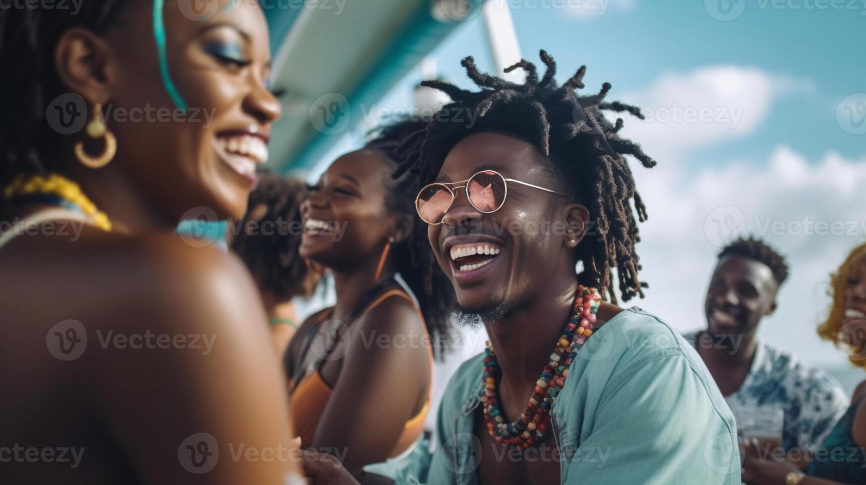 ai generativo feliz grupo do amigos tendo Diversão às piscina festa amizade conceito com jovem pessoas rindo juntos em período de férias foco em Preto mulher foto