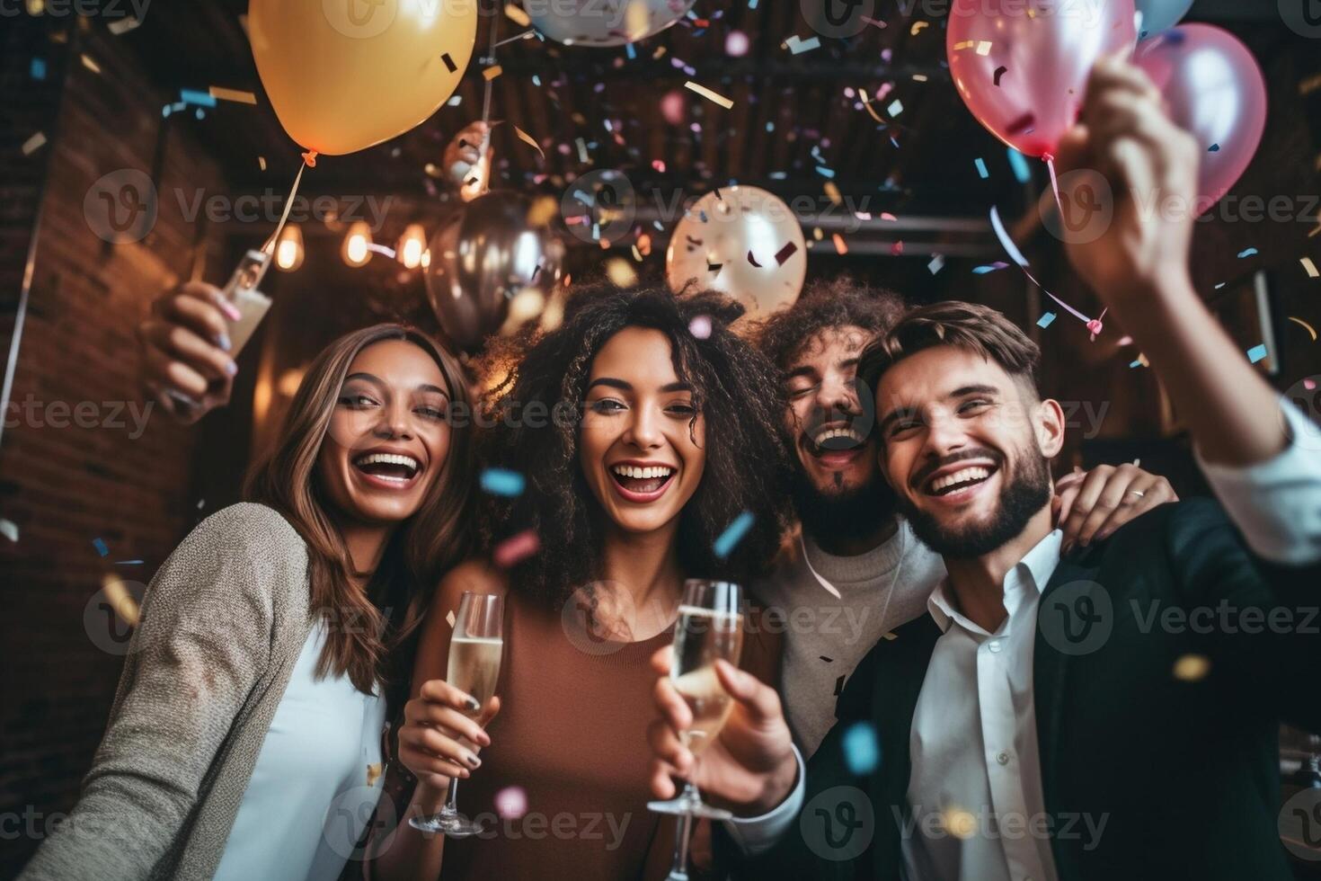 ai generativo feliz grupo do amigos com face mascarar a comemorar Novo 2021 ano confete queda dentro a ar jovem pessoas com balões dentro mãos fazer Novo ano festa às casa foco em balões foto