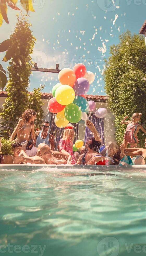 ai generativo feliz multirracial amigos tendo Diversão em uma piscina festa em período de férias luxo período de férias conceito com jovem pessoas dentro verão às hotel recorrer pov Visão foto