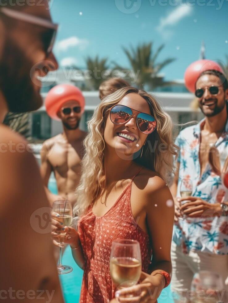 ai generativo feliz multirracial amigos tendo Diversão em uma piscina festa em período de férias luxo período de férias conceito com jovem pessoas dentro verão às hotel recorrer pov Visão foto