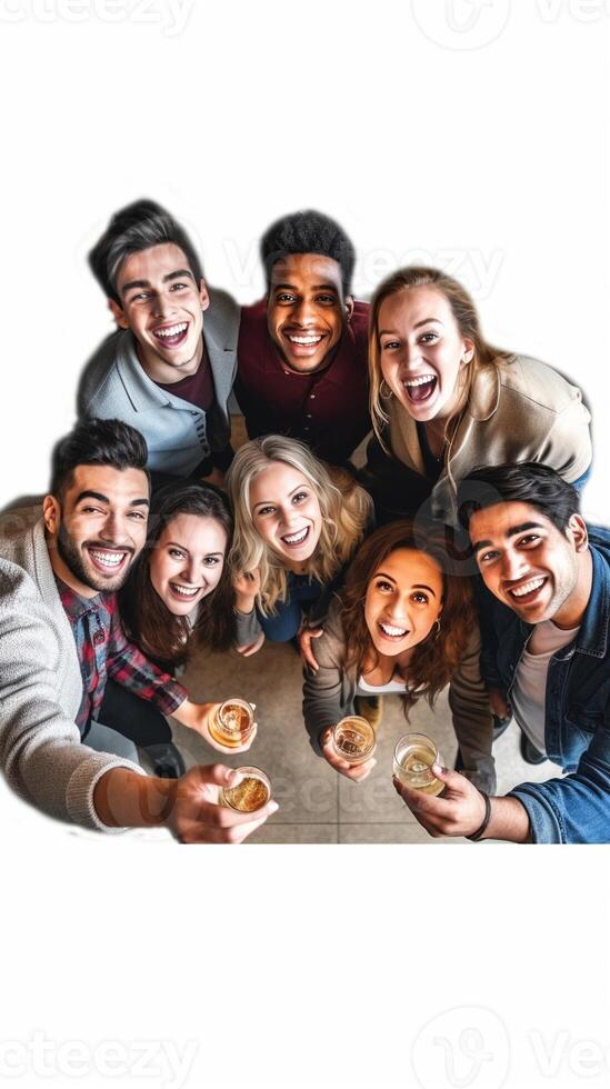 ai generativo feliz multirracial grupo do amigos levando uma selfie bebendo uma cervejas às festa foto
